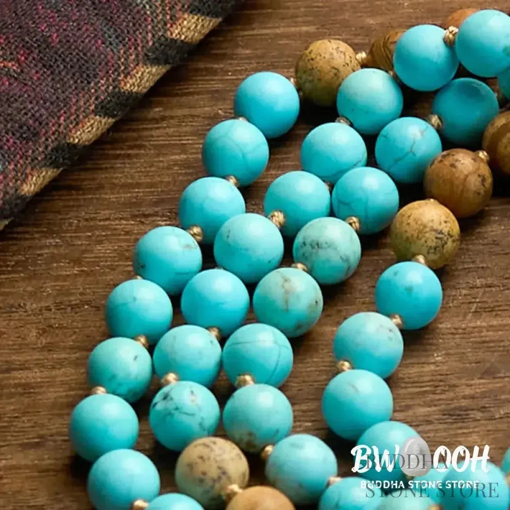 BWOOOH 108-bead mala bracelet featuring polished 8mm turquoise and picture jasper beads, a soft tassel, handcrafted for meditation, spiritual balance, and positive energy practices. - View 6