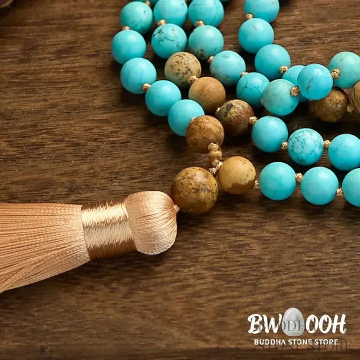 BWOOOH 108-bead mala bracelet featuring polished 8mm turquoise and picture jasper beads, a soft tassel, handcrafted for meditation, spiritual balance, and positive energy practices. - View 7
