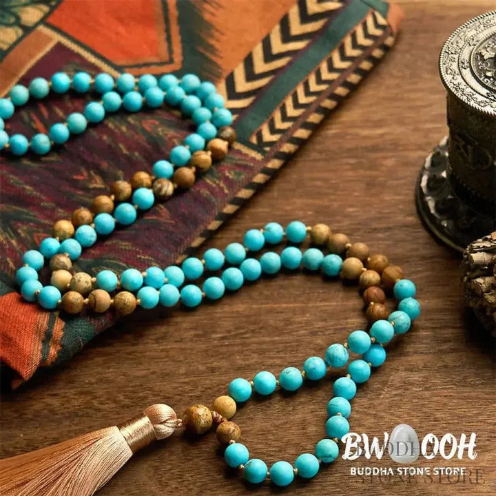 BWOOOH 108-bead mala bracelet featuring polished 8mm turquoise and picture jasper beads, a soft tassel, handcrafted for meditation, spiritual balance, and positive energy practices. - View 5