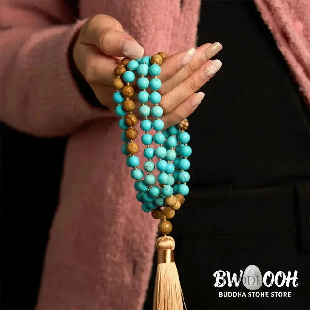 BWOOOH 108-bead mala bracelet featuring polished 8mm turquoise and picture jasper beads, a soft tassel, handcrafted for meditation, spiritual balance, and positive energy practices. - View 4