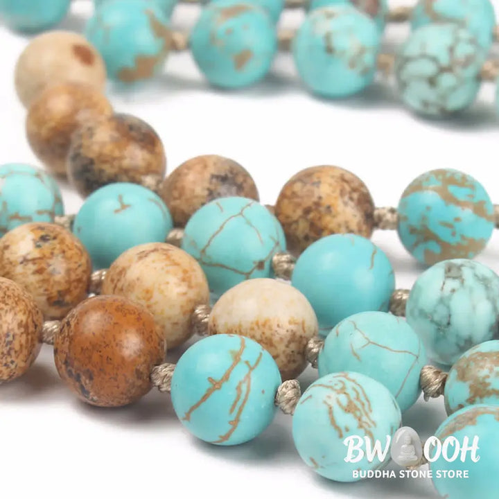 BWOOOH 108 Mala: Polished 8mm Turquoise &amp; earthy Picture Jasper beads with a wisdom tassel. A unisex meditation bracelet or necklace for spiritual balance and protection. - View 3