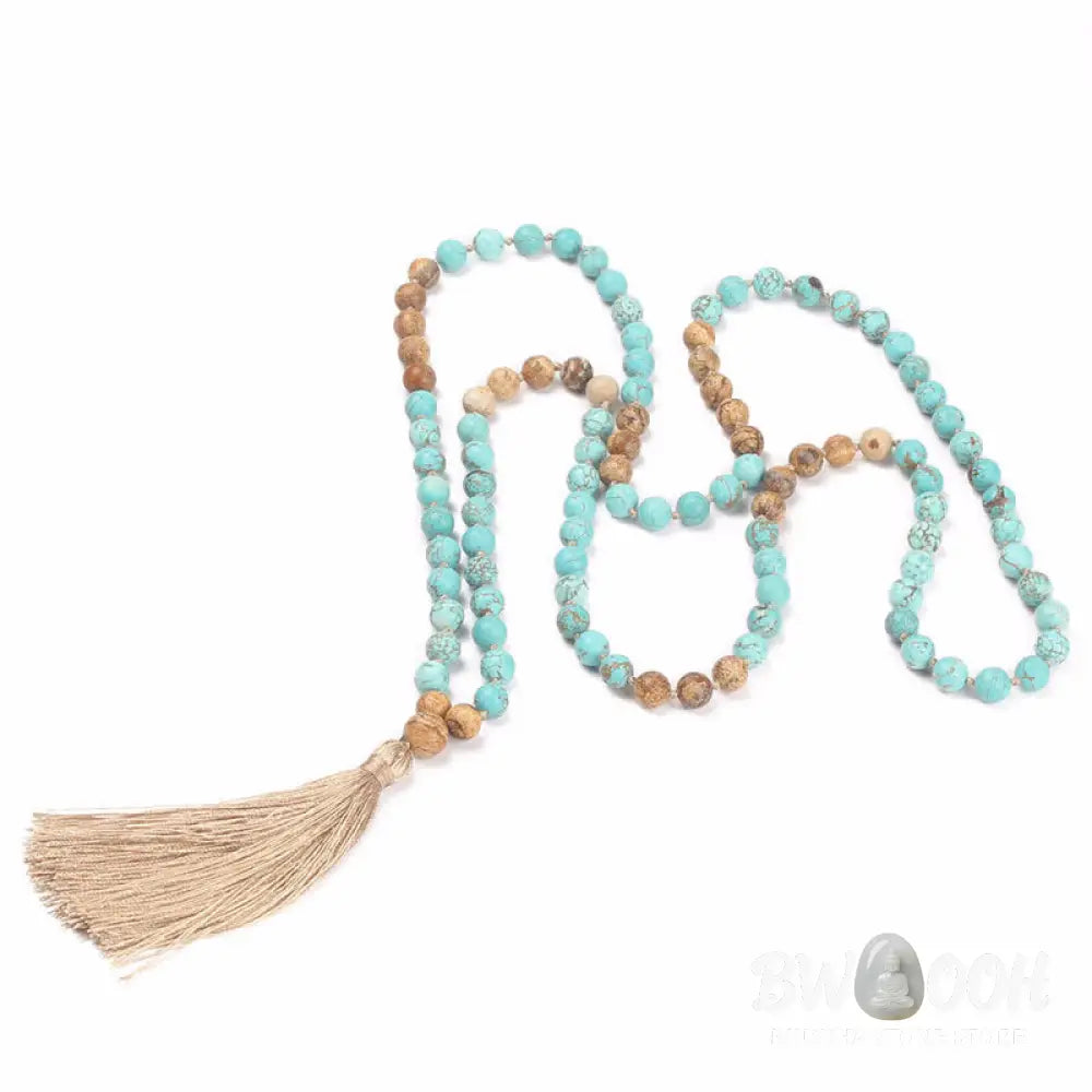 BWOOOH 108 Mala: Polished 8mm Turquoise & earthy Picture Jasper beads with a wisdom tassel. A unisex meditation bracelet or necklace for spiritual balance and protection. - View 2