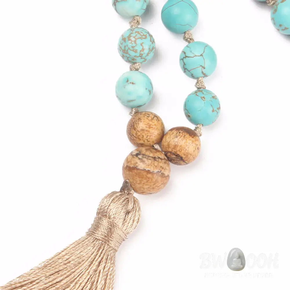 BWOOOH 108 Mala: Polished 8mm Turquoise &amp; earthy Picture Jasper beads with a wisdom tassel. A unisex meditation bracelet or necklace for spiritual balance and protection. - View 4