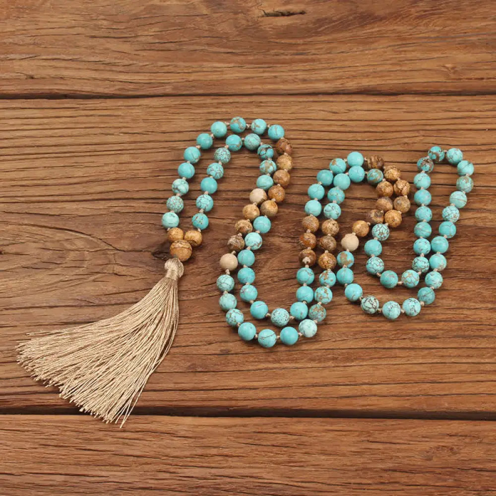 BWOOOH 108 Mala: Polished 8mm Turquoise & earthy Picture Jasper beads with a wisdom tassel. A unisex meditation bracelet or necklace for spiritual balance and protection.