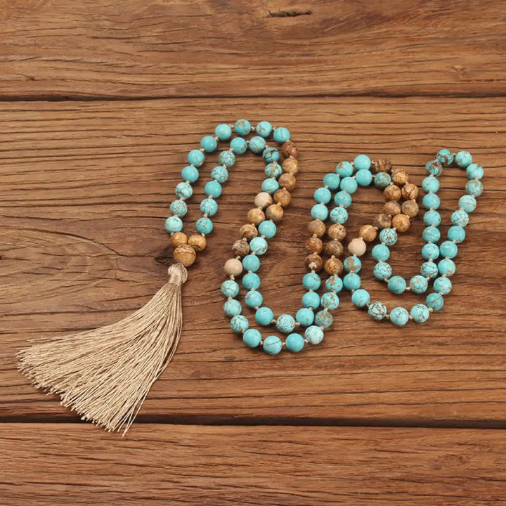 BWOOOH 108 Mala: Polished 8mm Turquoise &amp; earthy Picture Jasper beads with a wisdom tassel. A unisex meditation bracelet or necklace for spiritual balance and protection.