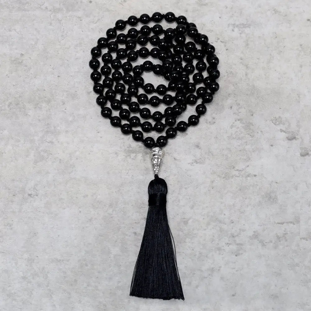 BWOOOH 108 Mala Black Onyx beads necklace, 8MM polished. For meditation, yoga, and prayer, offering protection, strength, and focus, promoting spiritual grounding.