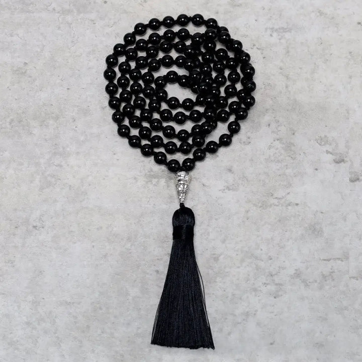 BWOOOH 108 Mala Black Onyx beads necklace, 8MM polished. For meditation, yoga, and prayer, offering protection, strength, and focus, promoting spiritual grounding.