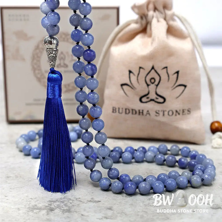 BWOOOH 108 Blue Aventurine Mala beads necklace for yoga and meditation, showcasing 8mm natural gemstones, deep blue hues, used for mindful chanting and spiritual focus. - View 6