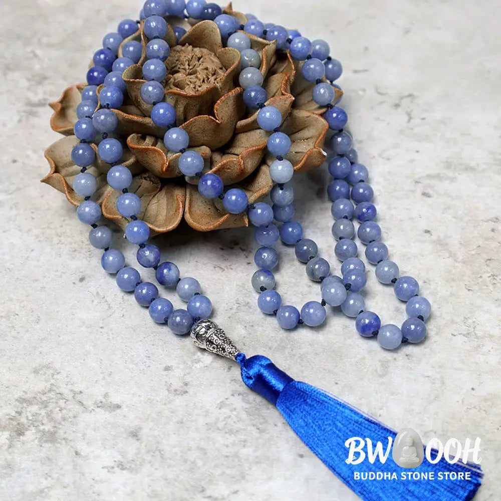 BWOOOH 108 Blue Aventurine Mala beads necklace for yoga and meditation, showcasing 8mm natural gemstones, deep blue hues, used for mindful chanting and spiritual focus. - View 2