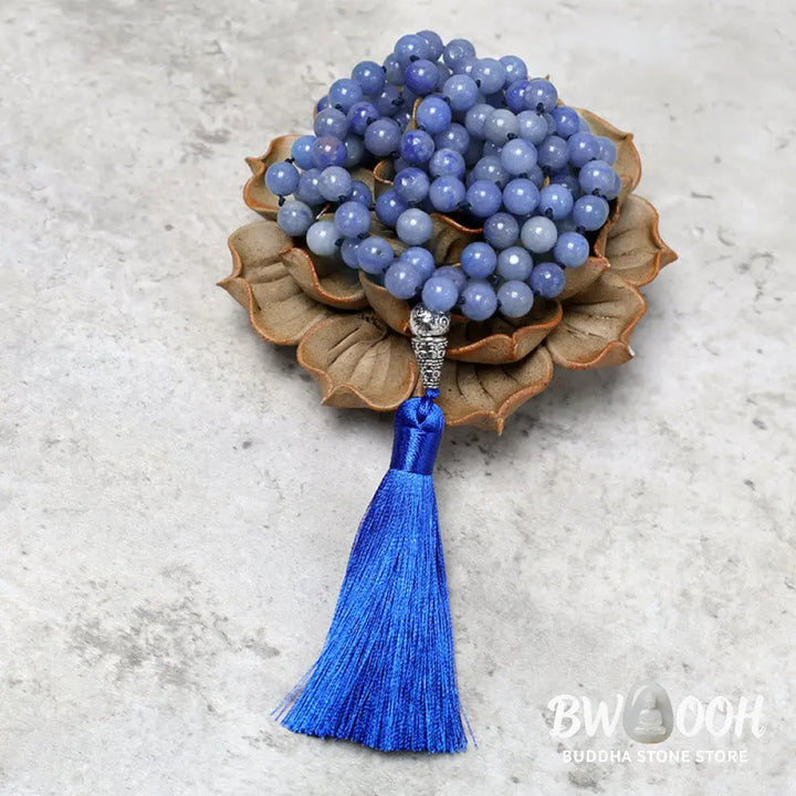 BWOOOH 108 Blue Aventurine Mala beads necklace for yoga and meditation, showcasing 8mm natural gemstones, deep blue hues, used for mindful chanting and spiritual focus. - View 5
