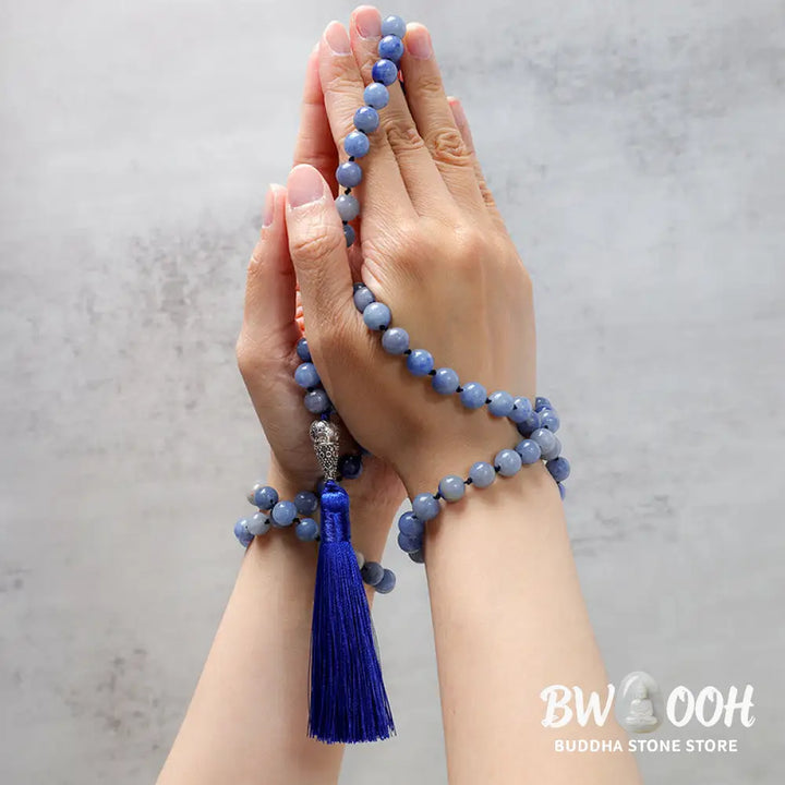BWOOOH 108 Blue Aventurine Mala beads necklace for yoga and meditation, showcasing 8mm natural gemstones, deep blue hues, used for mindful chanting and spiritual focus. - View 3