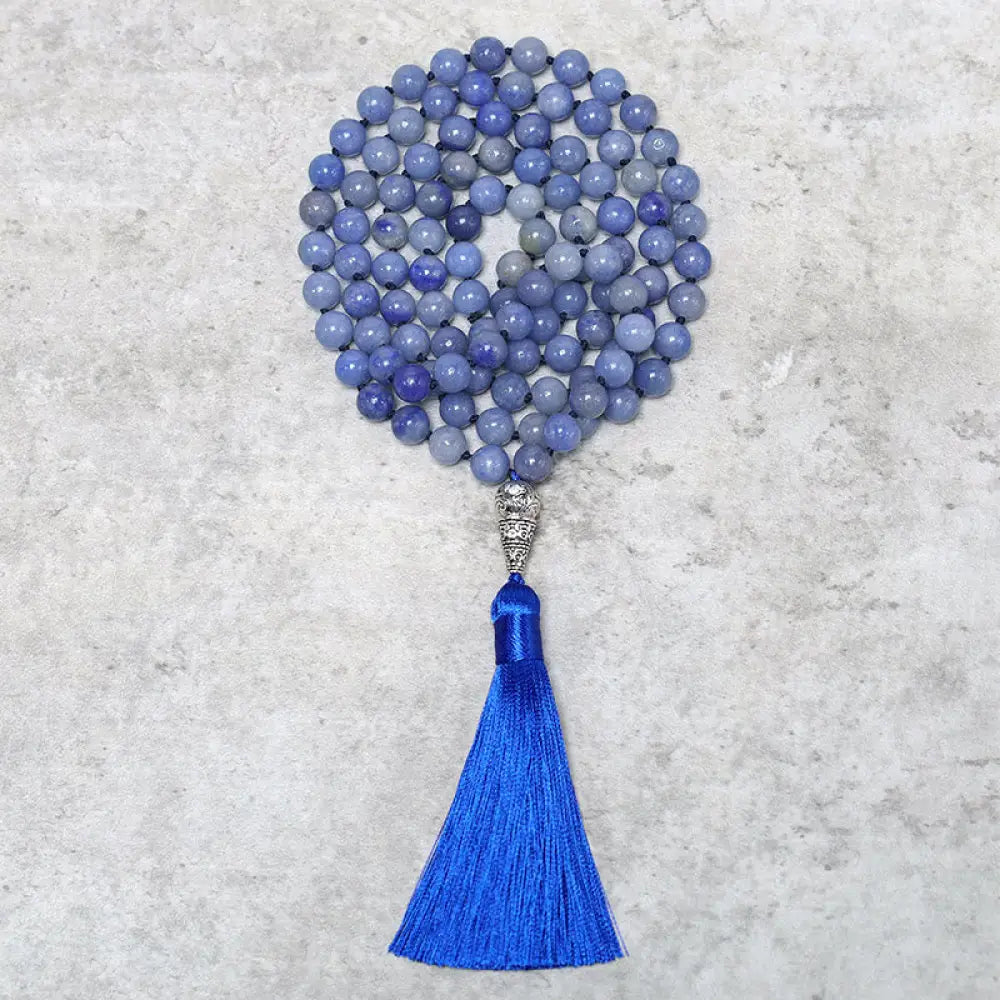 BWOOOH 108 Blue Aventurine Mala beads necklace for yoga and meditation, showcasing 8mm natural gemstones, deep blue hues, used for mindful chanting and spiritual focus.
