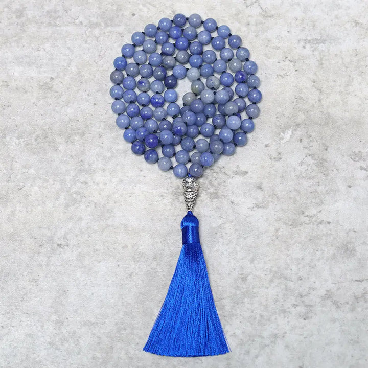 BWOOOH 108 Blue Aventurine Mala beads necklace for yoga and meditation, showcasing 8mm natural gemstones, deep blue hues, used for mindful chanting and spiritual focus.