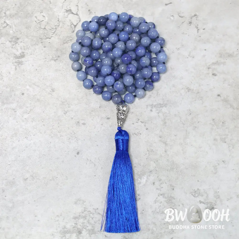 BWOOOH 108 Blue Aventurine Mala beads necklace for yoga and meditation, showcasing 8mm natural gemstones, deep blue hues, used for mindful chanting and spiritual focus. - View 4