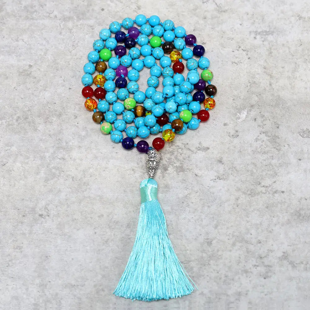 BWOOOH 108 Mala Turquoise Beads Necklace for Yoga & Meditation. Handcrafted spiritual prayer beads for mindfulness, focus, and inner balance.