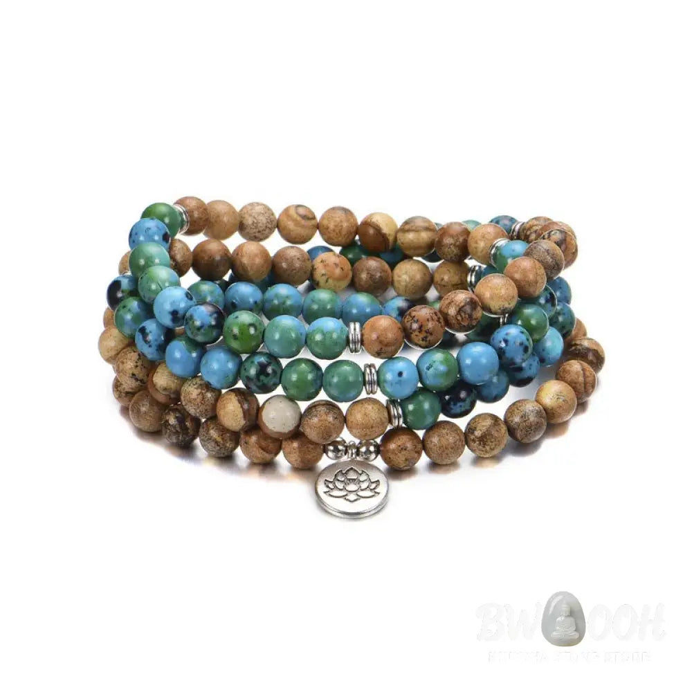 BWOOOH 108-bead meditation mala crafted from natural bodhi seed and speckled picture jasper, featuring a delicate lotus symbol pendant, worn as a multilayer bracelet or necklace. - View 5