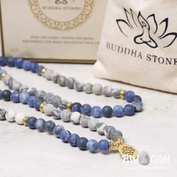 BWOOOH 108 Picasso Jasper &amp; Blue Stone Mala Bead bracelet with lotus pendant. Unisex, 6mm beads for meditation, focus, and energizing spiritual balance. - View 5