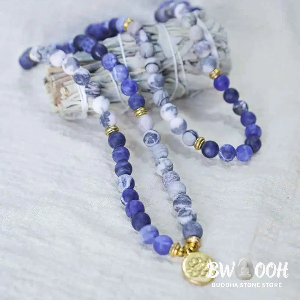 BWOOOH 108 Picasso Jasper &amp; Blue Stone Mala Bead bracelet with lotus pendant. Unisex, 6mm beads for meditation, focus, and energizing spiritual balance. - View 3