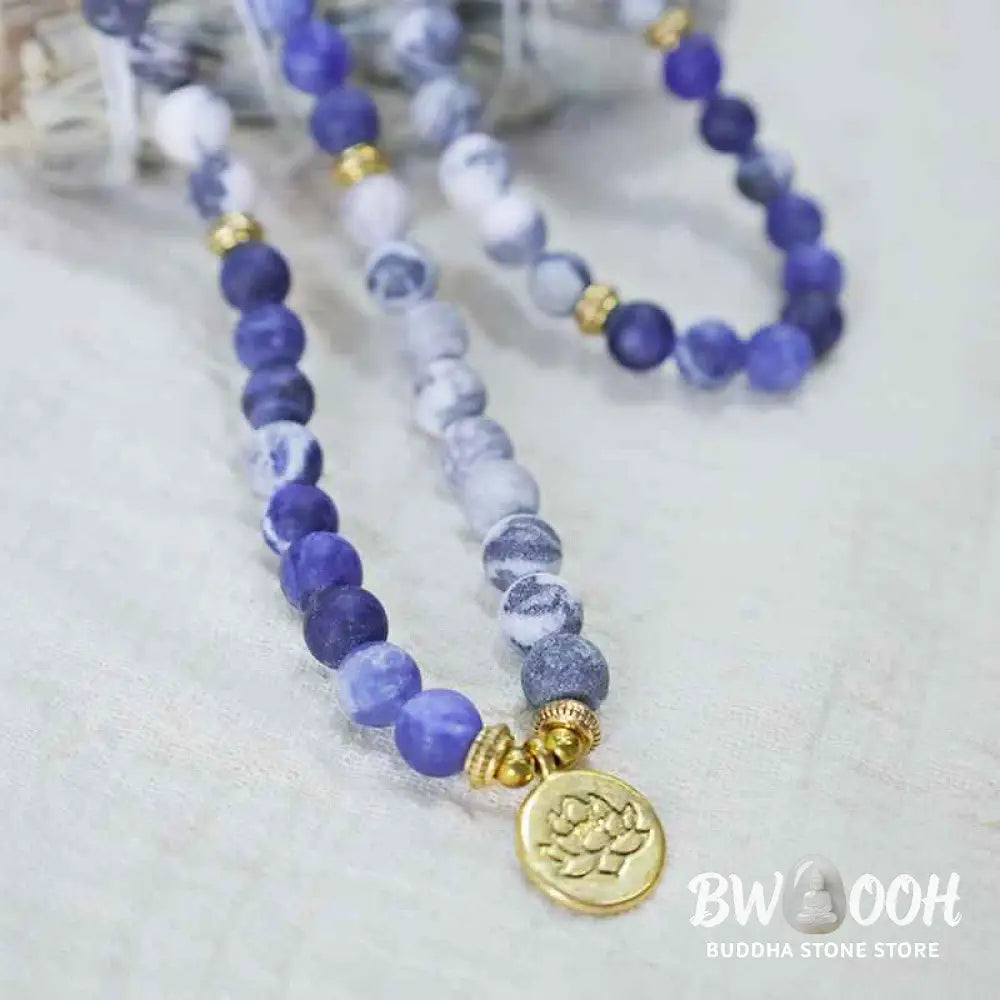 BWOOOH 108 Picasso Jasper & Blue Stone Mala Bead bracelet with lotus pendant. Unisex, 6mm beads for meditation, focus, and energizing spiritual balance. - View 2