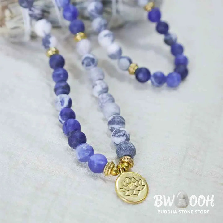 BWOOOH 108 Picasso Jasper &amp; Blue Stone Mala Bead bracelet with lotus pendant. Unisex, 6mm beads for meditation, focus, and energizing spiritual balance. - View 2