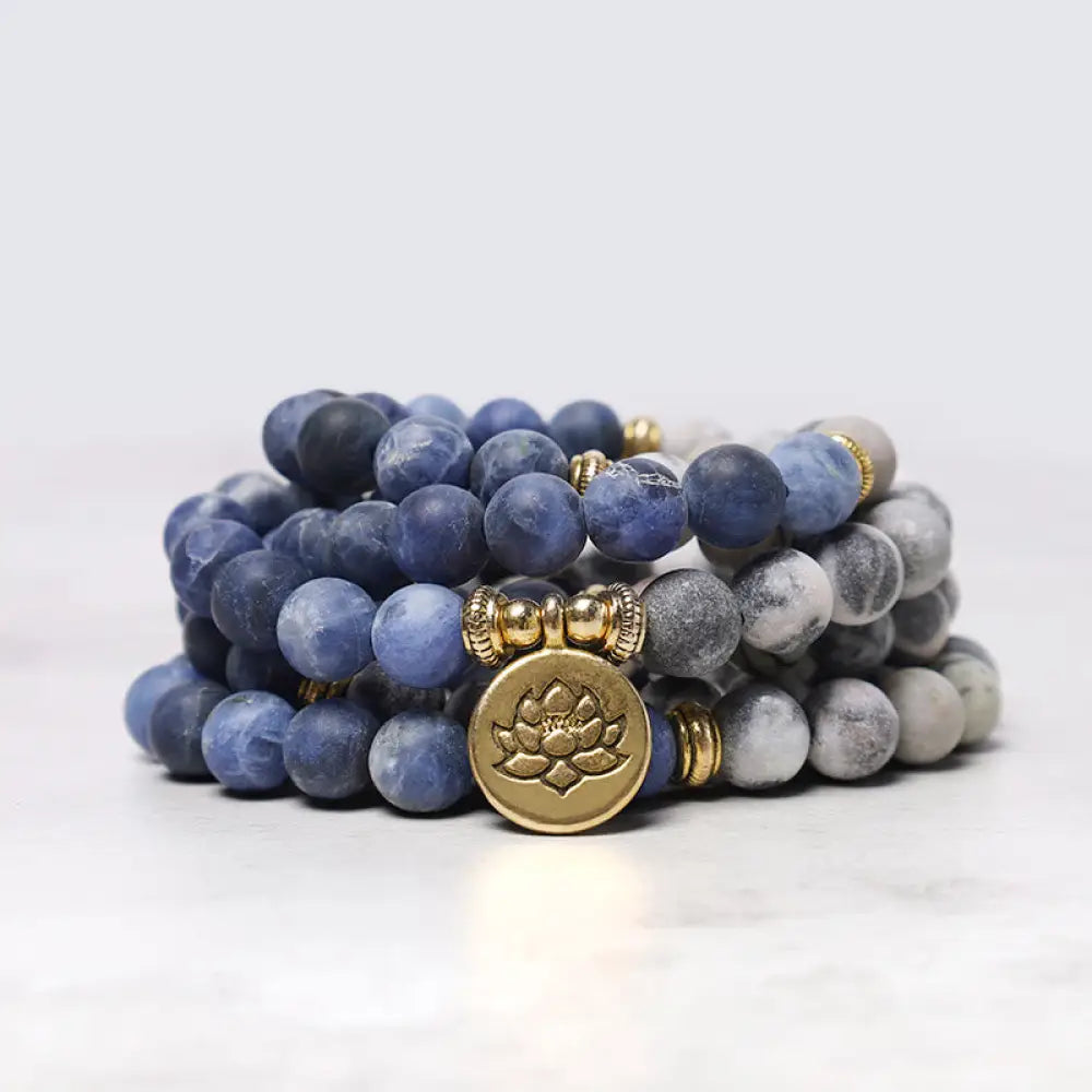 BWOOOH 108 Natural Stone Mala Bead Lotus Pendant Bracelet — natural stone 108 bead mala bracelet for spiritual healing and...