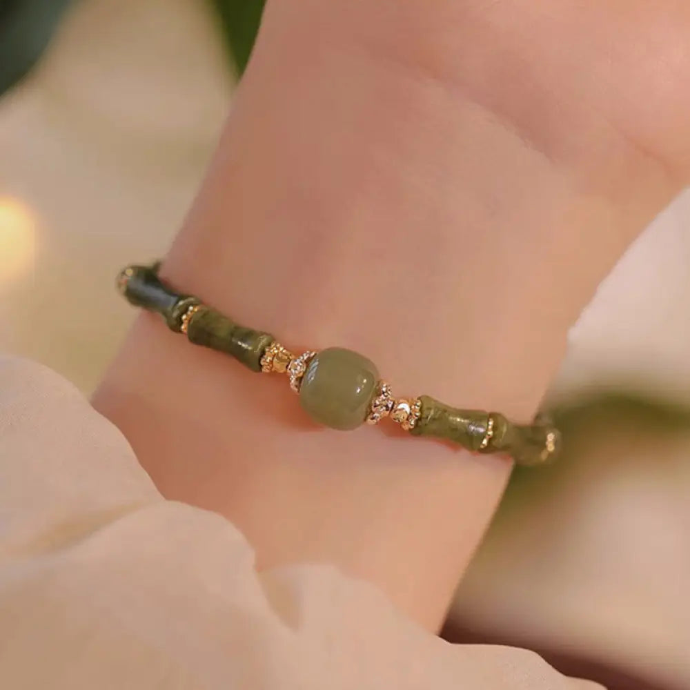 Buddha Stones 14K Copper Plated Peridot Hetian Jade Bamboo Pattern Luck Bracelet - BWOOOH - Green Hetian Jade Bead