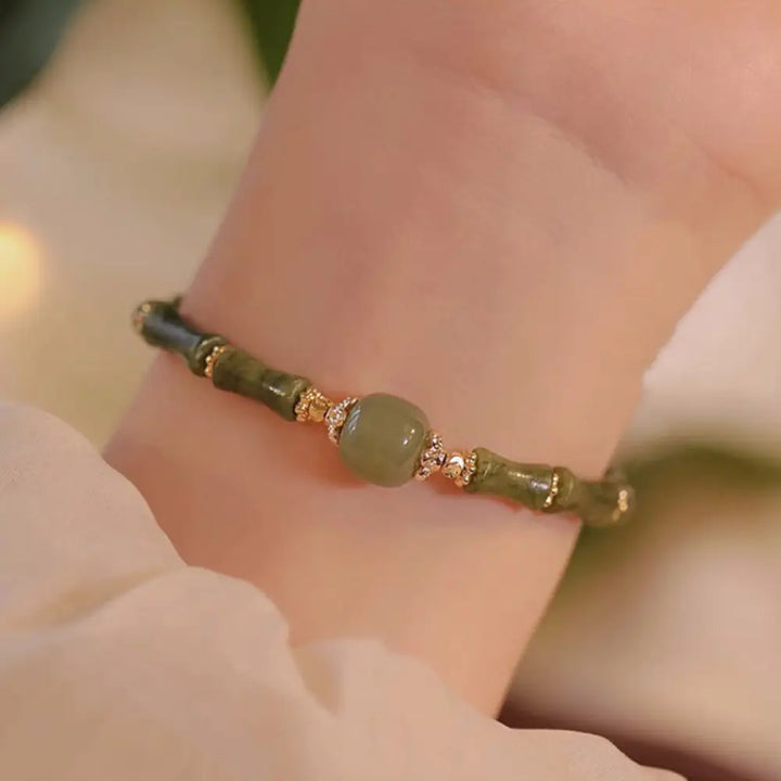 Buddha Stones 14K Copper Plated Peridot Hetian Jade Bamboo Pattern Luck Bracelet - BWOOOH - Green Hetian Jade Bead