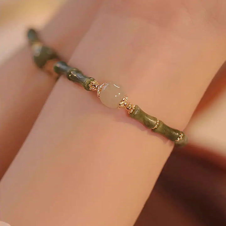 Buddha Stones 14K Copper Plated Peridot Hetian Jade Bamboo Pattern Luck Bracelet - BWOOOH - White Hetian Jade Bead