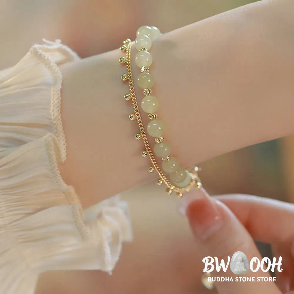 Buddha Stones 14K Gold Plated 2 Layers Hetian Jade Bead Luck Prosperity Bracelet - Bracelet