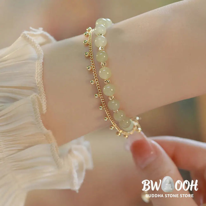 Buddha Stones 14K Gold Plated 2 Layers Hetian Jade Bead Luck Prosperity Bracelet - Bracelet
