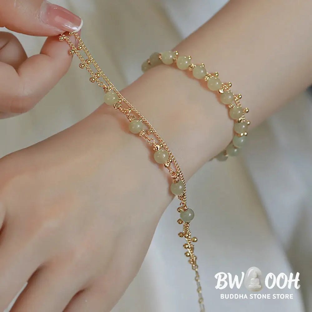 Buddha Stones 14K Gold Plated 2 Layers Hetian Jade Bead Luck Prosperity Bracelet - Bracelet