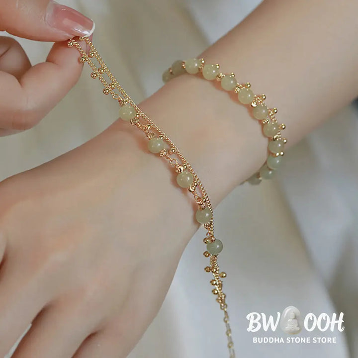 Buddha Stones 14K Gold Plated 2 Layers Hetian Jade Bead Luck Prosperity Bracelet - Bracelet