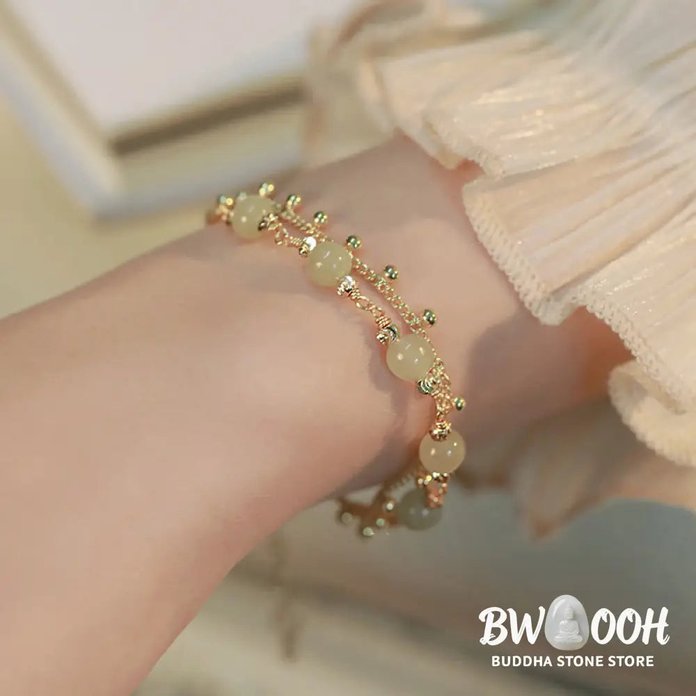 Buddha Stones 14K Gold Plated 2 Layers Hetian Jade Bead Luck Prosperity Bracelet - Bracelet