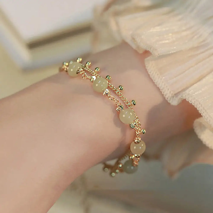 Buddha Stones 14K Gold Plated 2 Layers Hetian Jade Bead Luck Prosperity Bracelet - Hetian Jade Bead Chain Bracelet
