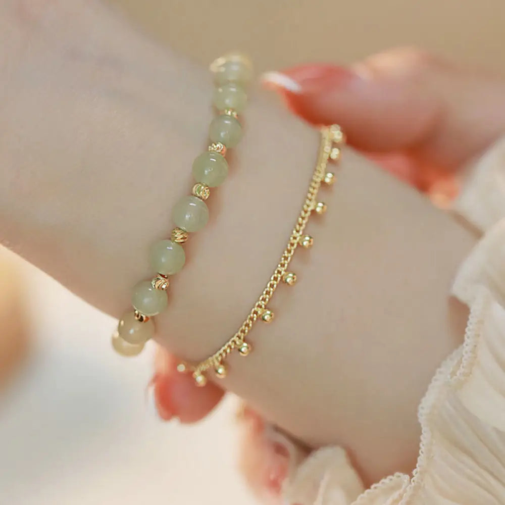Buddha Stones 14K Gold Plated 2 Layers Hetian Jade Bead Luck Prosperity Bracelet - 2 Layers Hetian Jade Chain Bracelet