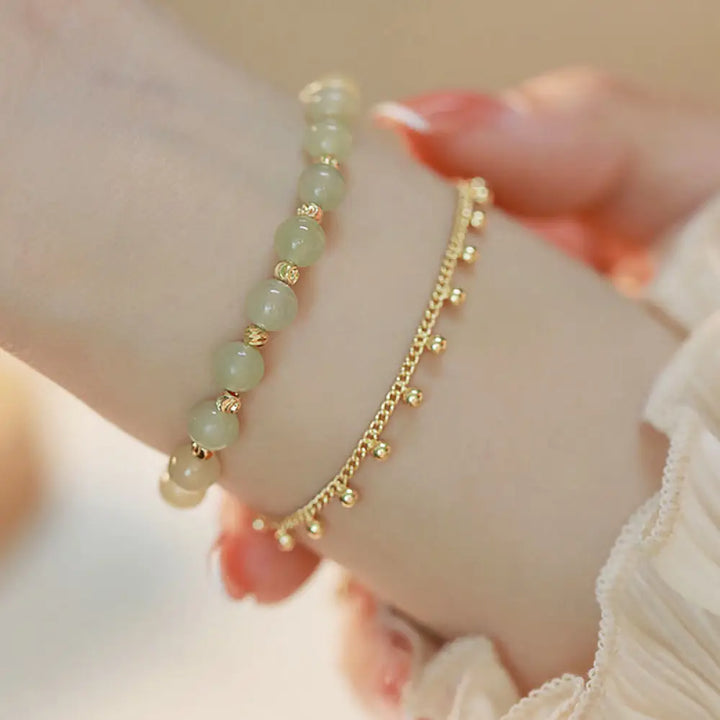 Buddha Stones 14K Gold Plated 2 Layers Hetian Jade Bead Luck Prosperity Bracelet - 2 Layers Hetian Jade Chain Bracelet