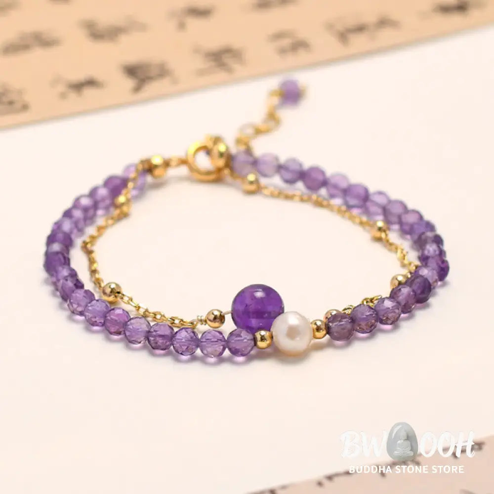 Buddha Stones 14K Gold Plated Amethyst Crystal Healing Double Layer Chain Bracelet - BWOOOH - Amethyst(Inner