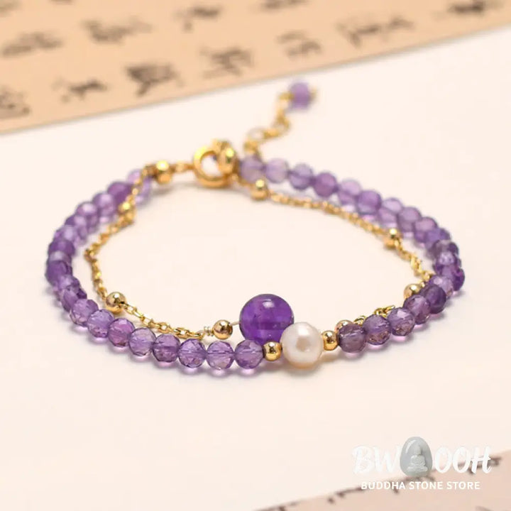 Buddha Stones 14K Gold Plated Amethyst Crystal Healing Double Layer Chain Bracelet - BWOOOH - Amethyst(Inner