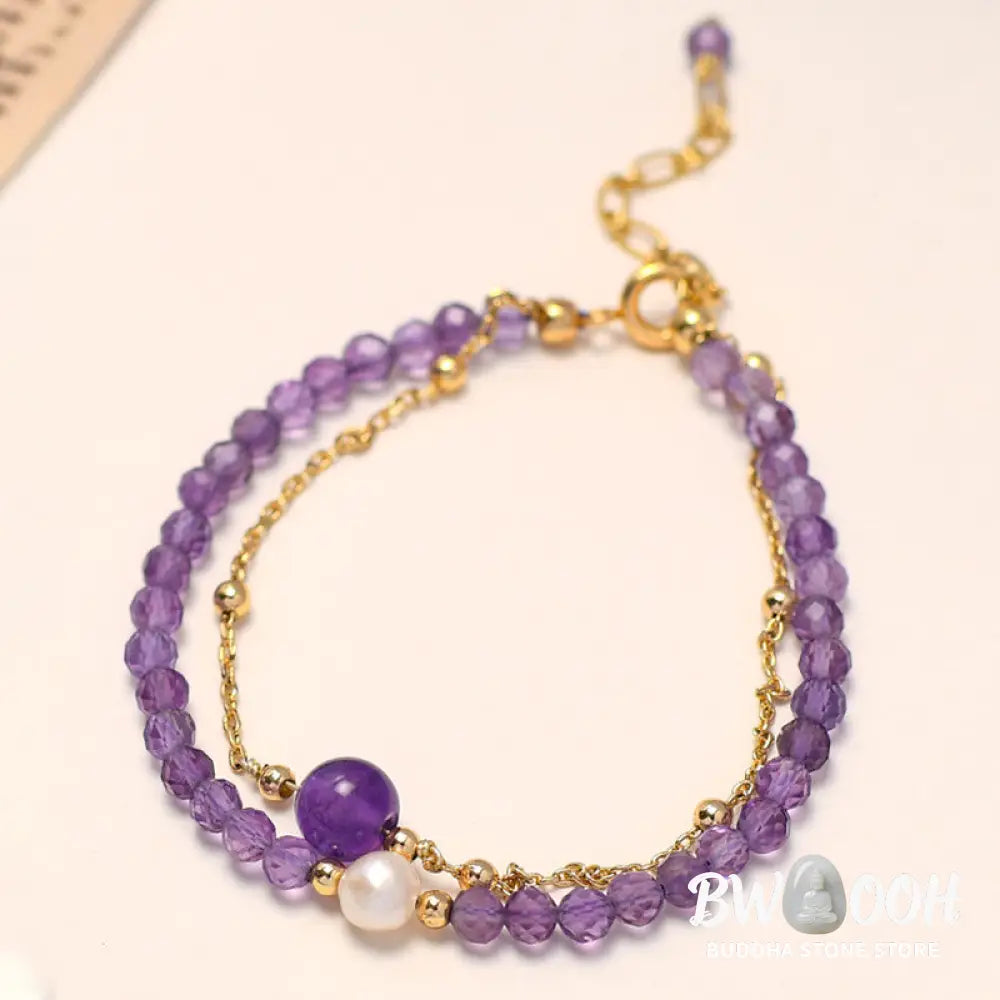 Buddha Stones 14K Gold Plated Amethyst Crystal Healing Double Layer Chain Bracelet - BWOOOH - Amethyst(Inner