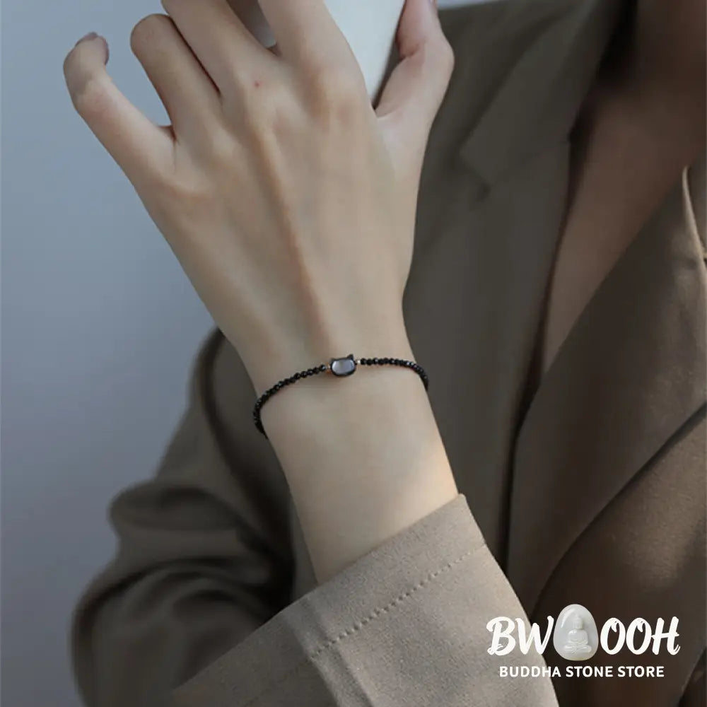 Buddha Stones 14K Gold Plated Black Spinel White Crystal Cute Cat Tridacna Stone Healing Bracelet - BWOOOH - Bracelet
