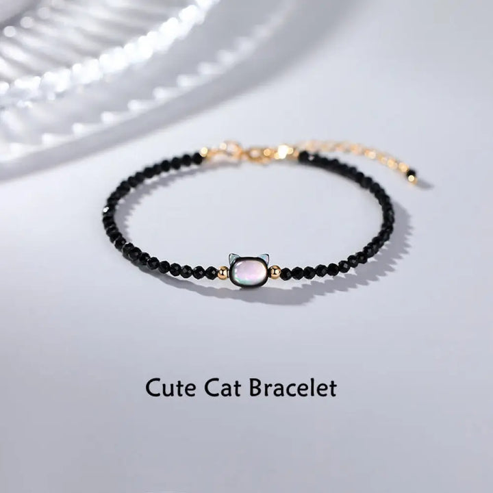 BWOOOH 14K Gold Plated Black Spinel White Crystal Cute Cat Tridacna Stone Healing Bracelet – Gold crystal healing bracelet for healing and spiritual wellness