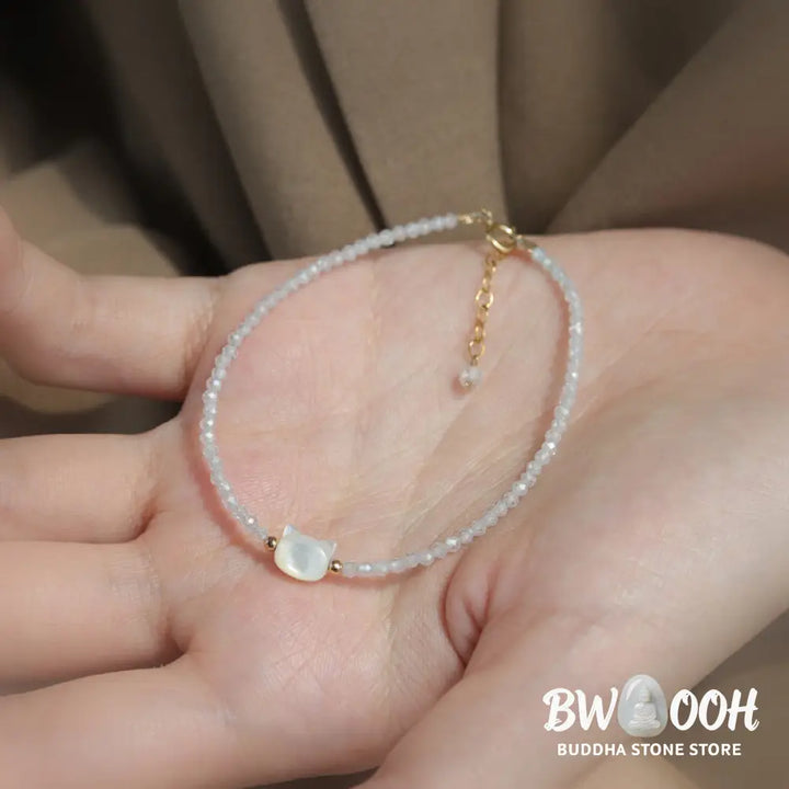 Buddha Stones 14K Gold Plated Black Spinel White Crystal Cute Cat Tridacna Stone Healing Bracelet - BWOOOH - Bracelet