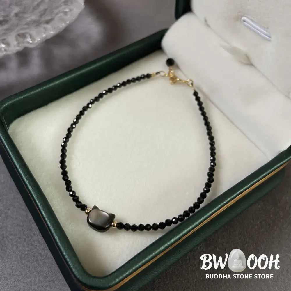 Buddha Stones 14K Gold Plated Black Spinel White Crystal Cute Cat Tridacna Stone Healing Bracelet - BWOOOH - Bracelet