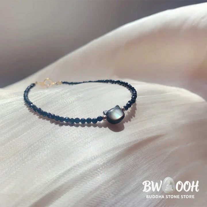 Buddha Stones 14K Gold Plated Black Spinel White Crystal Cute Cat Tridacna Stone Healing Bracelet - BWOOOH - Bracelet