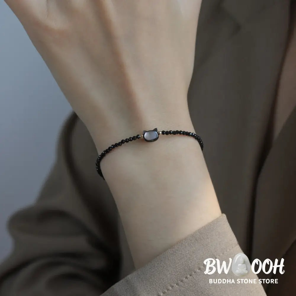 Buddha Stones 14K Gold Plated Black Spinel White Crystal Cute Cat Tridacna Stone Healing Bracelet - BWOOOH - Bracelet