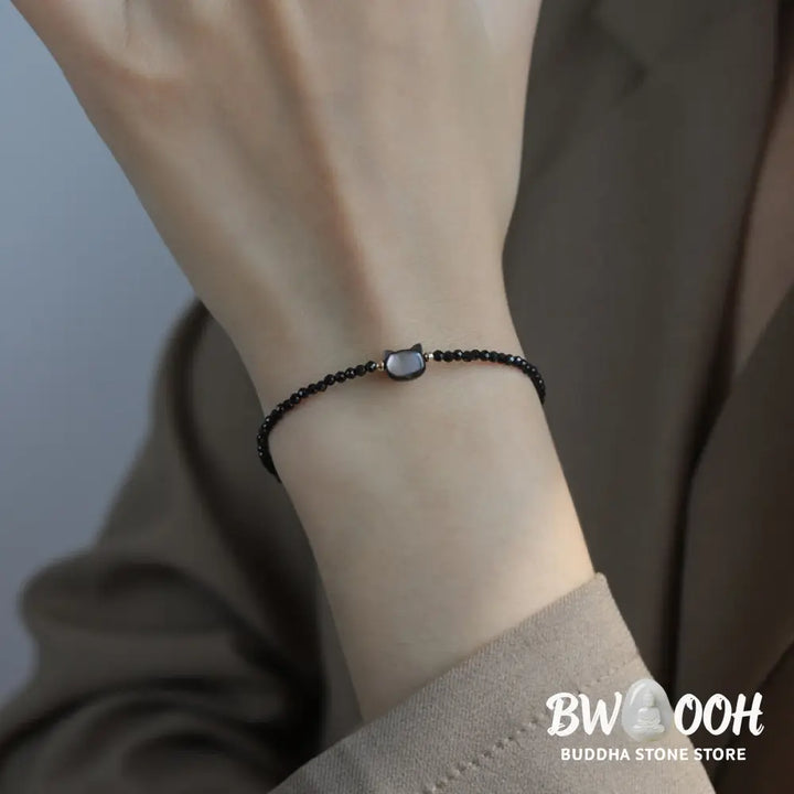 Buddha Stones 14K Gold Plated Black Spinel White Crystal Cute Cat Tridacna Stone Healing Bracelet - BWOOOH - Bracelet