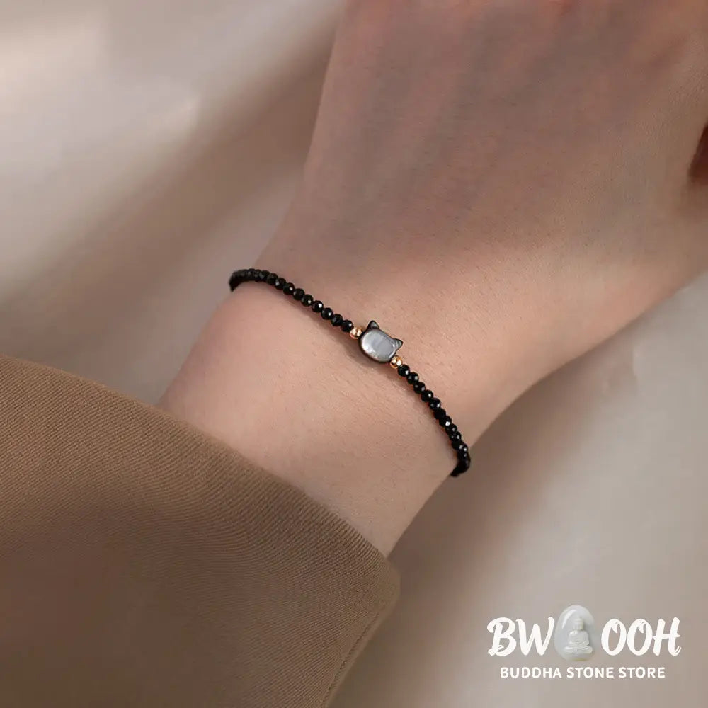 Buddha Stones 14K Gold Plated Black Spinel White Crystal Cute Cat Tridacna Stone Healing Bracelet - BWOOOH - Bracelet