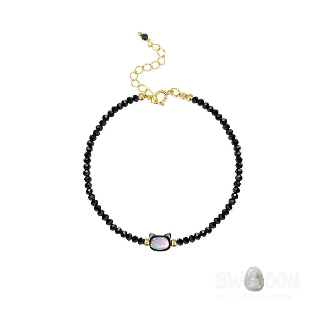 Buddha Stones 14K Gold Plated Black Spinel White Crystal Cute Cat Tridacna Stone Healing Bracelet - BWOOOH - Bracelet