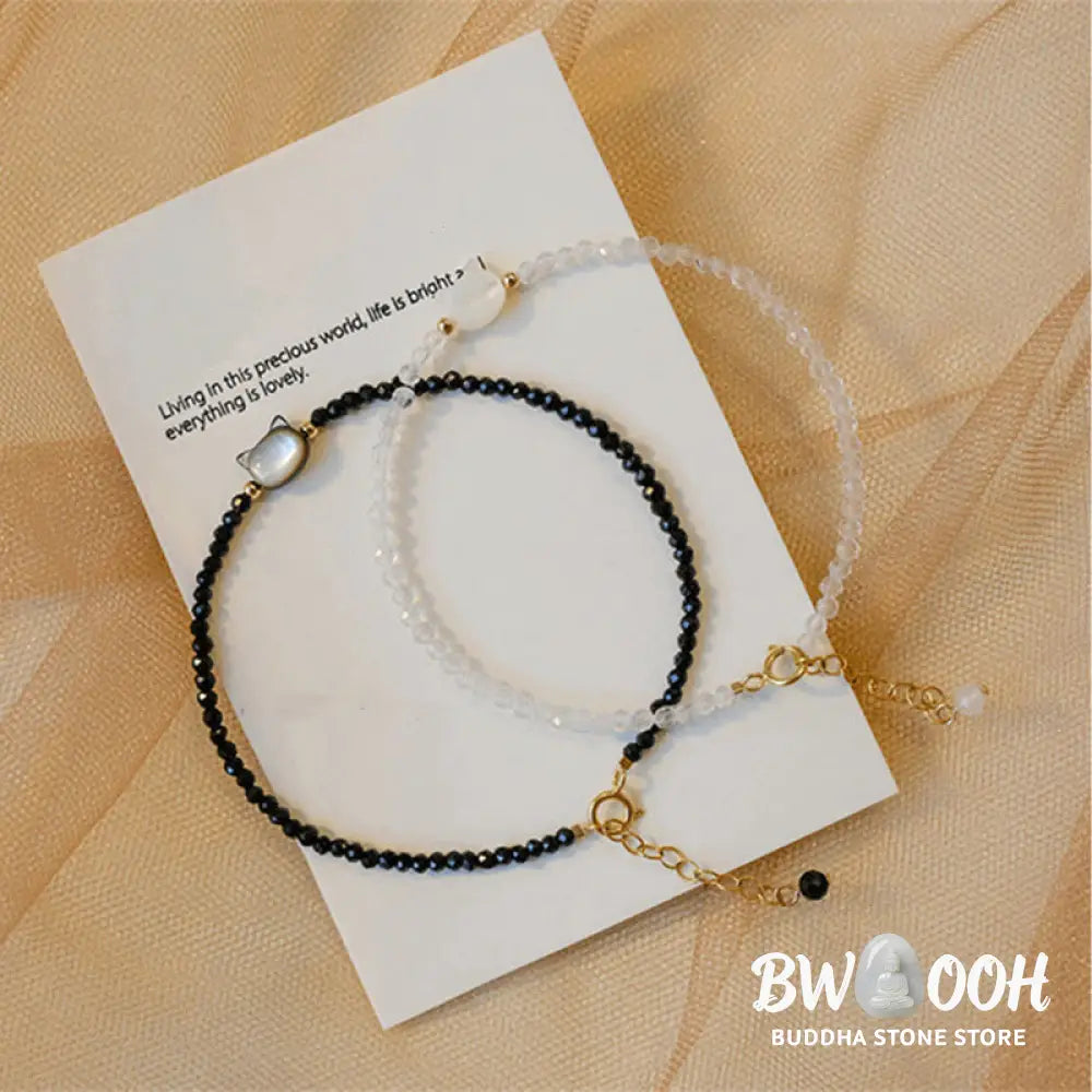 Buddha Stones 14K Gold Plated Black Spinel White Crystal Cute Cat Tridacna Stone Healing Bracelet - BWOOOH - Bracelet