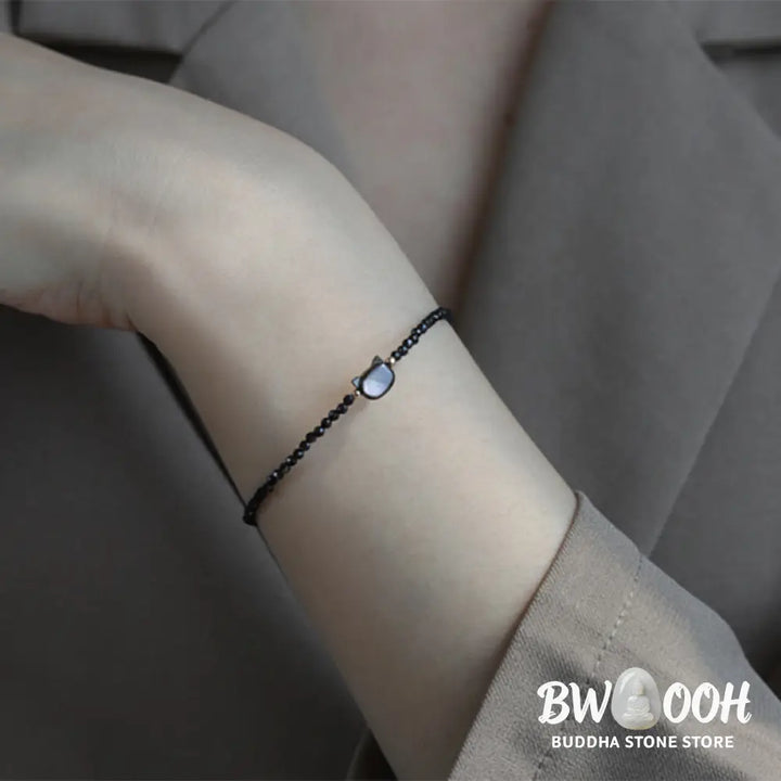 Buddha Stones 14K Gold Plated Black Spinel White Crystal Cute Cat Tridacna Stone Healing Bracelet - BWOOOH - Bracelet